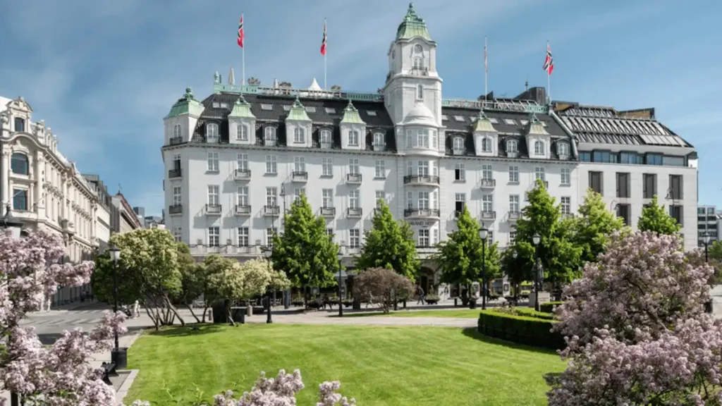 Ornate 19th-century facade of Grand Hotel Oslo, a premier historic landmark and Nobel Peace Prize venue, representing the best hotels in Oslo heritage collection.