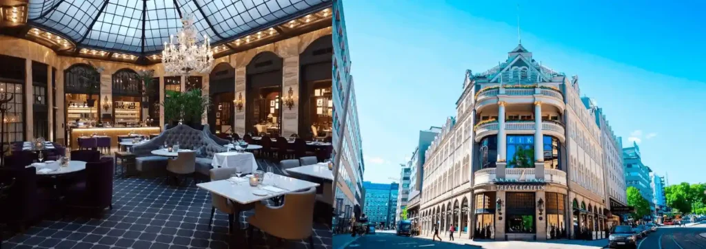 A split image showcasing two of the best hotels in Oslo: on the left, the elegant Palmen Restaurant at Grand Hotel Oslo featuring a historic 1913 glass dome and Murano glass chandelier; on the right, the grand Art Nouveau facade of Hotel Continental and the iconic Theatercaféen restaurant overlooking the National Theatre.