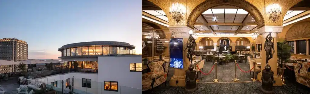 A comparative heritage view of the best hotels in Oslo: on the left, the modern circular rooftop extension of Sommerro overlooking the city from the former 1930s power station; on the right, the legendary Moorish-style lobby of Hotel Bristol featuring ornate arches, golden chandeliers, and historic 1920s interior architecture.