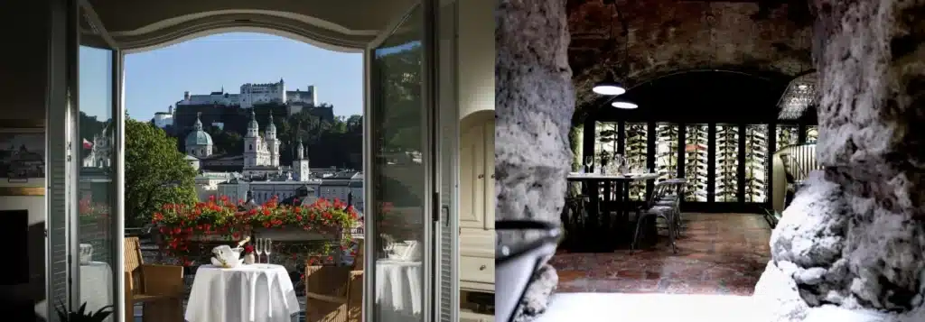 A view of the Salzburg fortress from a Hotel Bristol window and the medieval stone wine cellar at Arthotel Blaue Gans, two of the best hotels in Salzburg for cultural heritage.