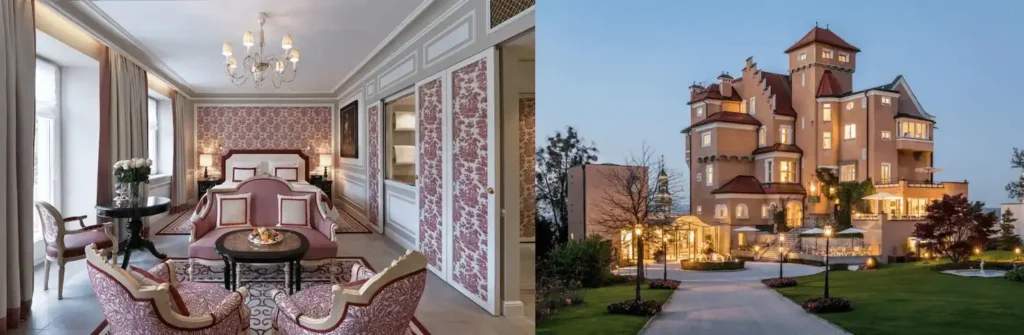 A classic luxury bedroom at Hotel Sacher and the medieval stone facade of Hotel Schloss Mönchstein, two of the best hotels in Salzburg for historical architecture.
