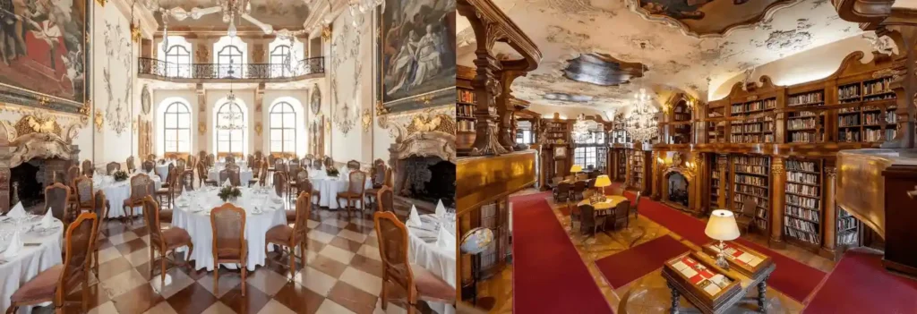 The ornate Baroque dining hall and the historic Max Reinhardt library at Hotel Schloss Leopoldskron, one of the best hotels in Salzburg for original heritage.