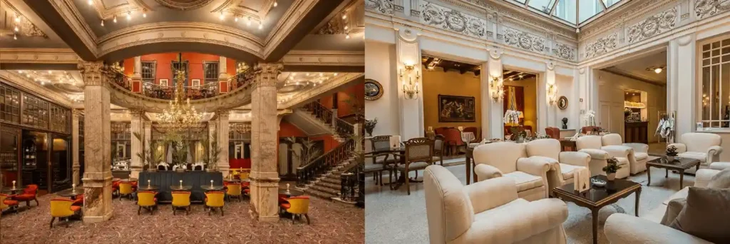 A merged view of the opulent 19th-century royal rotunda of Hotel Des Indes and the historic 17th-century parliamentary lounge of Boutique Hotel Corona, showcasing the aristocratic interiors and the best hotels in the Hague.