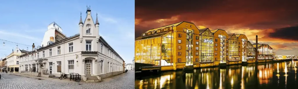 A comparative look at the best hotels in Trondheim: on the left, the white 19th-century facade of Hotel Bakeriet, a former industrial bakery from 1852; on the right, the illuminated glass-and-brick facade of Radisson Blu Royal Garden Hotel, designed as a modern architectural tribute to Trondheim’s historic Nidelven stilt warehouses.