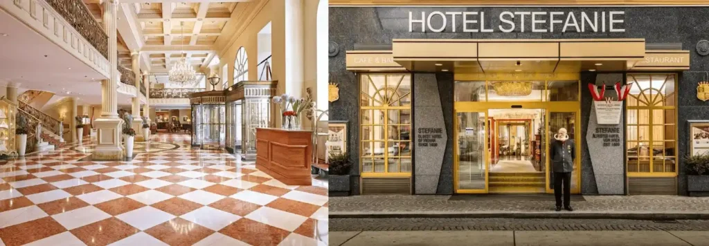 The opulent Ringstrasse lobby of Grand Hotel Wien and the historic entrance of Hotel Stefanie, two of the best hotels in Vienna for long-standing heritage.