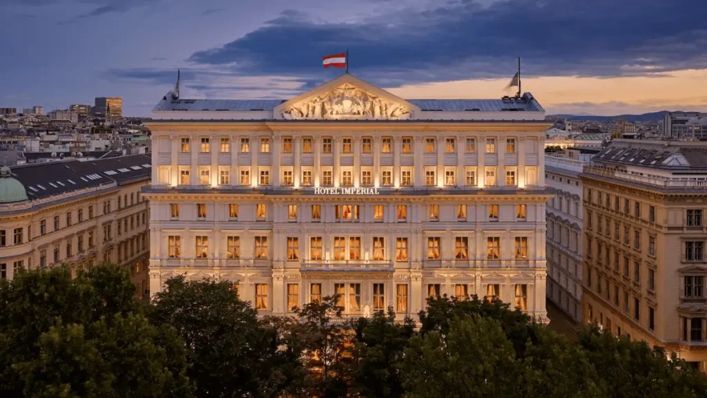 Front facade of Hotel Imperial, one of the best hotels in Vienna, originally the 19th-century Royal Palais Württemberg.