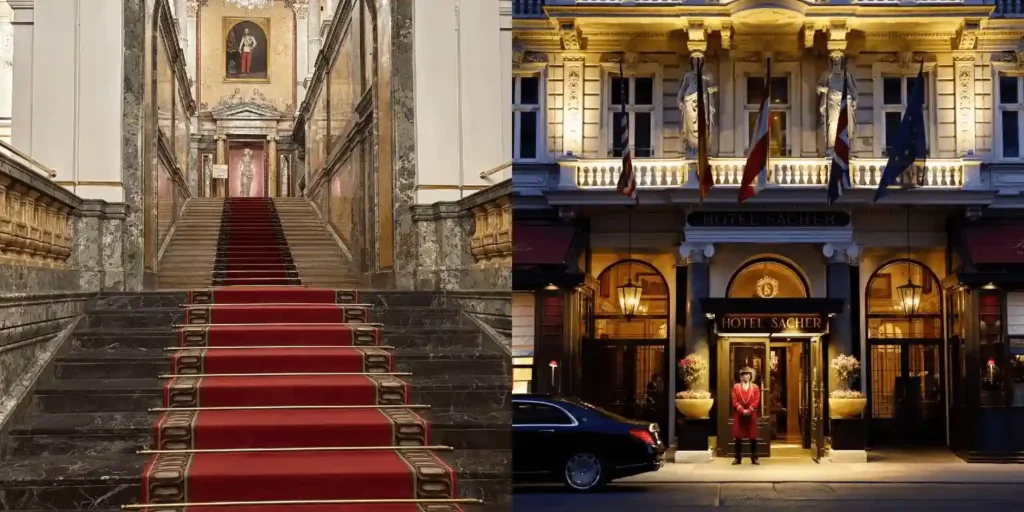 The Royal Staircase of Hotel Imperial and the iconic entrance of Hotel Sacher, two of the best hotels in Vienna representing Imperial and cultural heritage.