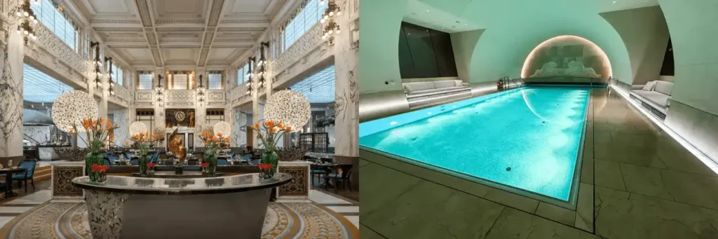The historic bank cashier hall dining room and the original gold vault converted into a swimming pool at Park Hyatt, one of the best hotels in Vienna for banking heritage.