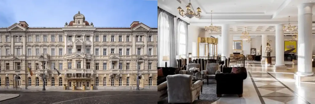 Best hotels in Vilnius: A side-by-side view showing the grand Neo-Classical exterior facade and the white-columned marble lobby of the historic Grand Hotel Vilnius.