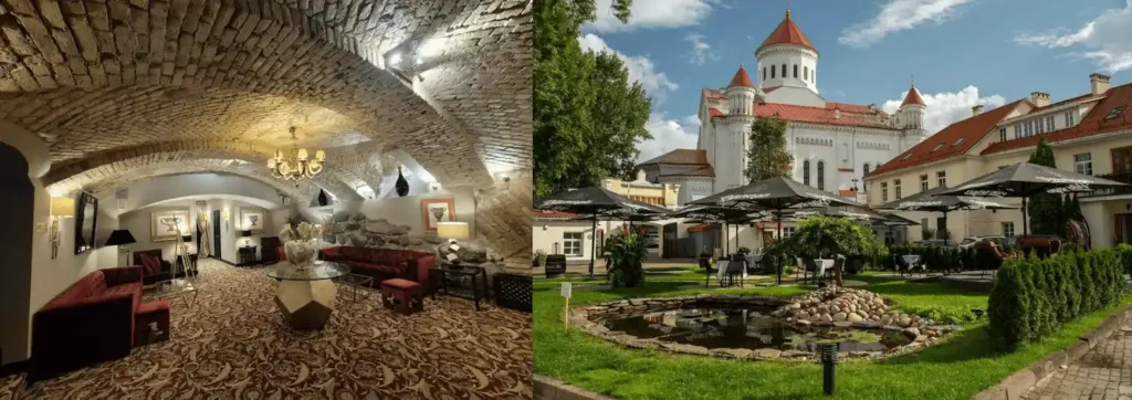 Best hotels in Vilnius: A side-by-side view of the UNESCO-protected 16th-century Gothic vaulted cellars at Narutis Hotel and the restored 16th-century monastery facade and garden of Mabre Residence.