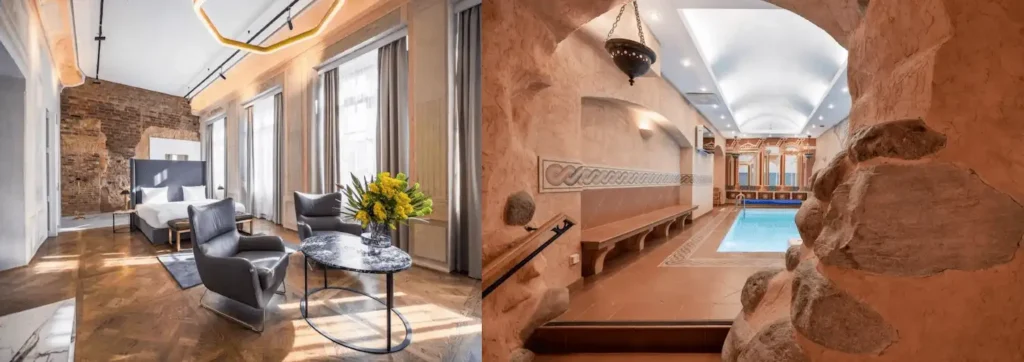 Best hotels in Vilnius: A combined view of a contemporary bedroom with exposed 17th-century masonry at Hotel Pacai and the historic vaulted indoor pool area at Stikliai Hotel.
