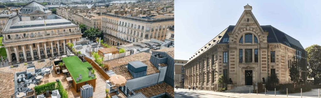 A merged view of the best hotels in Bordeaux for heritage, featuring the 1789 neoclassical Grand Hotel and the 1900 University Faculty architecture of Hôtel de Zoologie.
