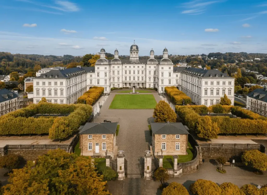 An expansive aerial view of the Baroque Althoff Grandhotel Schloss Bensberg, showcasing its symmetrical three-wing layout, grand courtyard, and formal landscaping overlooking the Bergisches Land.