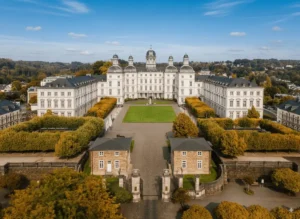 An expansive aerial view of the Baroque Althoff Grandhotel Schloss Bensberg, showcasing its symmetrical three-wing layout, grand courtyard, and formal landscaping overlooking the Bergisches Land.