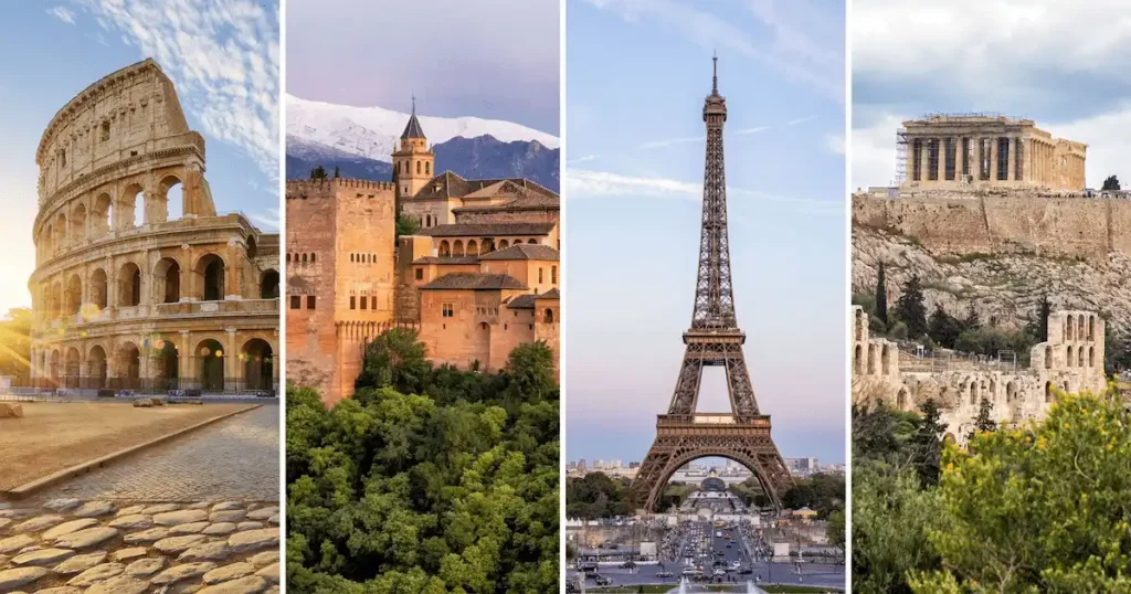 A high-density cultural collage featuring the Colosseum, Alhambra, Eiffel Tower, and the Acropolis, representing the geographic and institutional reach of the best historic hotels in Europe 668-asset audit across 30 countries.
