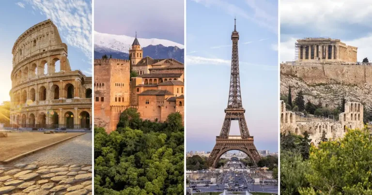 A high-density cultural collage featuring the Colosseum, Alhambra, Eiffel Tower, and the Acropolis, representing the geographic and institutional reach of the best historic hotels in Europe 668-asset audit across 30 countries.