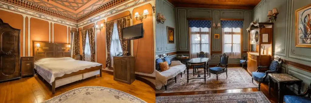 Best historic hotels in Bulgaria: A merged view of a lavish bedroom with 19th-century antique furniture and a formal salon featuring hand-painted wooden ceilings at Old Legends Hotel, Plovdiv.