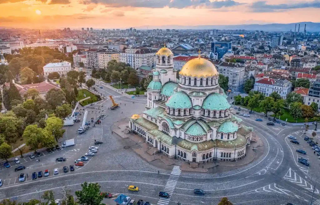 An audit of best historic hotels in Bulgaria: The gold-plated domes and Neo-Byzantine architecture of the St. Alexander Nevsky Cathedral, a primary landmark in Sofia.