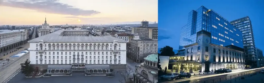 Best historic hotels in Bulgaria: A merged view of the 1956 socialist-classicist facade of Sofia Balkan Palace and the contemporary landmark exterior of Grand Hotel Sofia overlooking the City Garden.