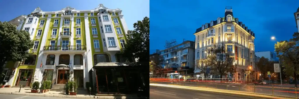 Best historic hotels in Bulgaria: A merged view of the 1906 Art Nouveau facade of Grand Hotel London and the 1911 neoclassical architecture of Boutique Splendid Hotel in central Varna.