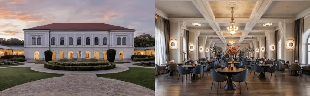 Best historic hotels in Hungary: A side-by-side comparison of the Anna Grand Hotel’s 18th-century neoclassical white facade and the grand dining hall featuring original coffered ceilings and historic chandeliers.