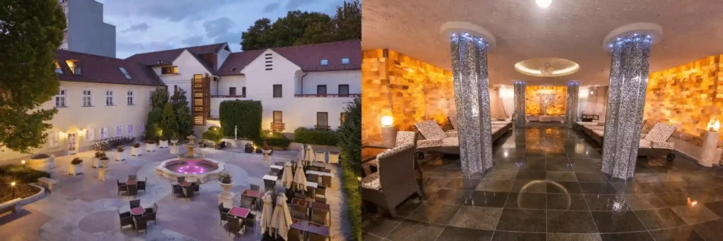 Best historic hotels in Hungary: A side-by-side of the Hotel Kristály Imperial’s Baroque Courtyard d’Honneur and the historic salt cave wellness room featuring original 18th-century brickwork and salt-brick therapy walls.