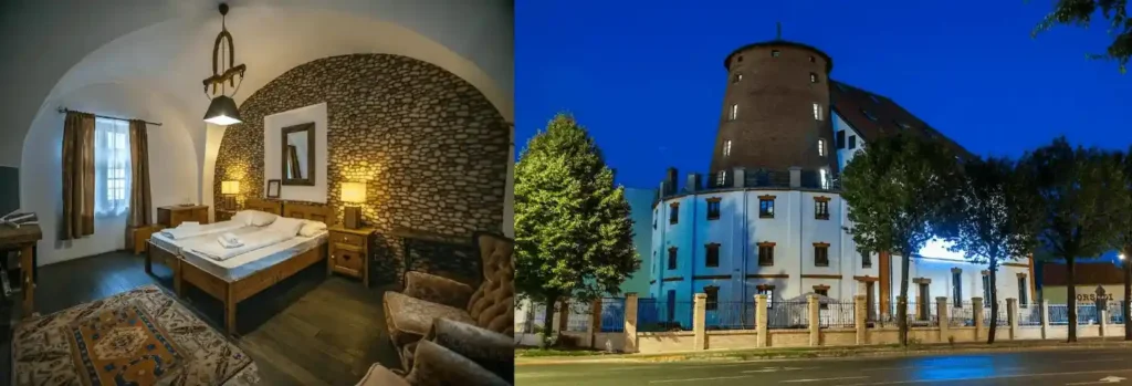Best historic hotels in Hungary: A comparison of the Régi Posta Hotel’s rustic wood-beamed bedroom in the city's oldest building and the Malom Hotel’s unique 19th-century industrial steam mill facade.
