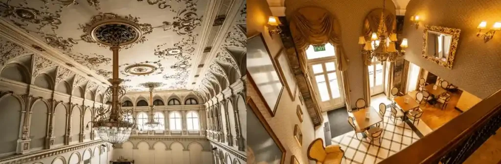 Best historic hotels in Hungary: A side-by-side view of the Tisza Hotel’s ornate 19th-century concert hall ceiling with historic chandeliers and a top-down view of the Mozart Hotel’s elegant boutique café interior.