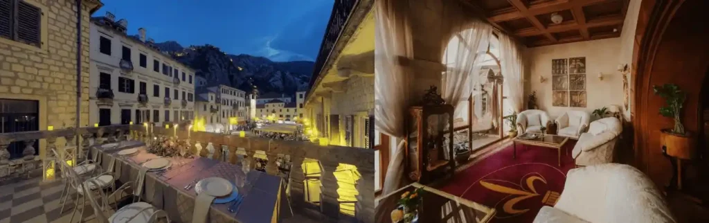 Best historic hotels in Montenegro: A merged view of the candlelit stone terrace dining at Historic Boutique Hotel Cattaro overlooking Kotor Old Town and a period-style interior room with authentic heritage decor.
