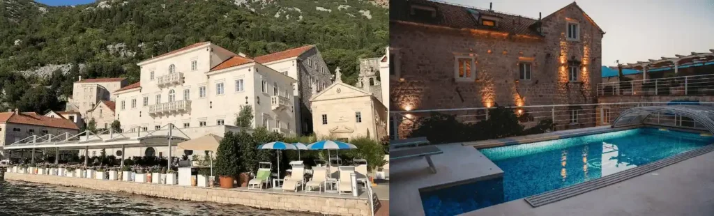 Best historic hotels in Montenegro: A merged view of the 18th-century Smekja Palace facade of Heritage Grand Perast and the illuminated stone exterior and pool of the Baroque Palazzo Radomiri.