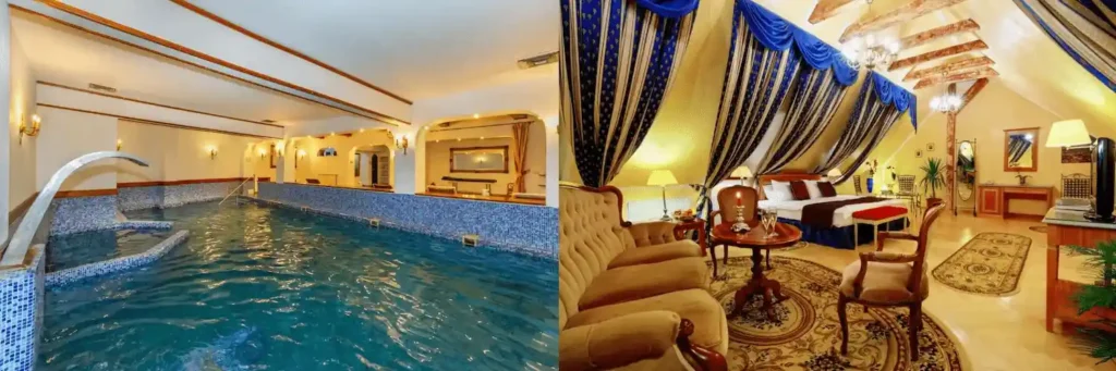 The modern indoor pool facility of Hotel Imparatul Romanilor and the rustic medieval-style bedroom with exposed wooden beams at Hotel The Council, both among the best historic hotels in Romania.