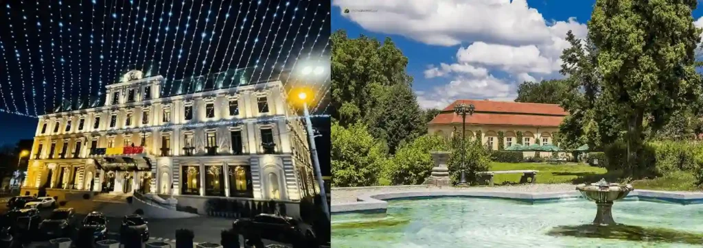 The 1882 Neoclassical iron balcony of Grand Hotel Traian in Iași and the 1788 late-Baroque facade of Brukenthal Palace in Avrig, both among the best historic hotels in Romania.