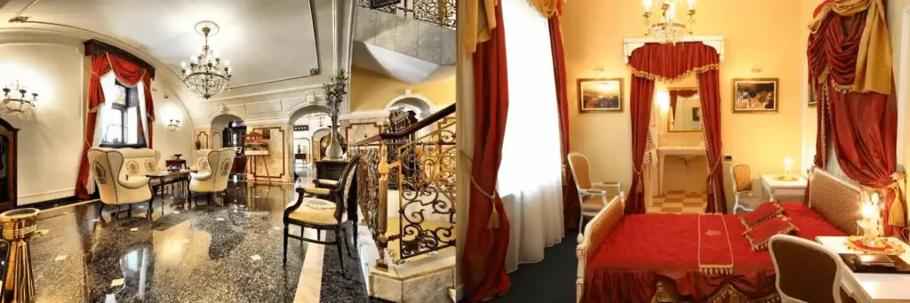 Best historic hotels in Serbia: The grand Baroque lobby with crystal chandeliers and a period-style bedroom at Hotel Leopold I in the Petrovaradin Fortress.