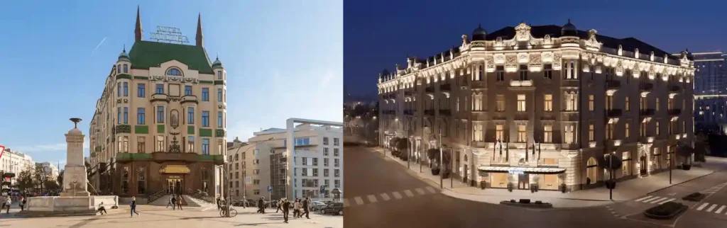 Best historic hotels in Serbia: A merged view of the 1908 Art Nouveau emerald-tiled facade of Hotel Moskva and the meticulously restored 1912 Secession architecture of The Bristol Belgrade.