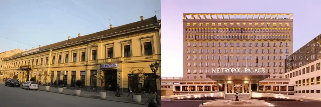 Best historic hotels in Serbia: A merged view of the 1854 neoclassical facade of Hotel Vojvodina in Novi Sad and the 1957 modernist exterior of Metropol Palace in Belgrade.