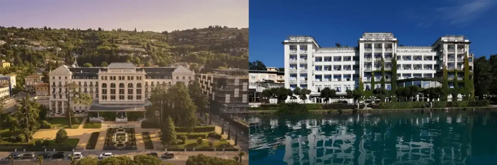 Best historic hotels in Slovenia: A merged view of the 1910 Secessionist facade of Kempinski Palace Portorož and the 1931 Neoclassical exterior of Grand Hotel Toplice in Bled.