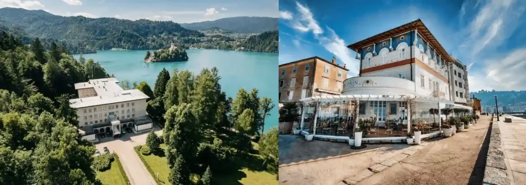 Best historic hotels in Slovenia: A merged view of the 1950s modernist facade of Vila Bled and the 1913 Belle Époque exterior of Hotel Piran on the Adriatic coast.