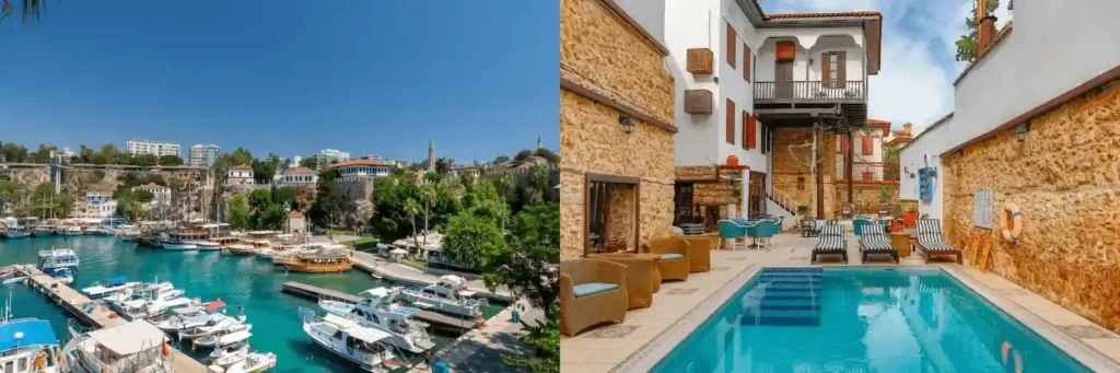 A merged visual featuring the historic 19th-century merchant facade of Adalya Port Hotel overlooking the Roman harbor and the traditional Ottoman courtyard pool of Atelya Art Hotel, two top-tier landmark assets in the best hotels in Antalya Turkey.
