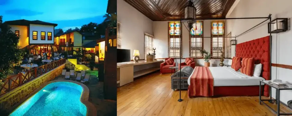 A merged visual of the illuminated courtyard pool and 18th-century facade of Tekeli Konaklari alongside an authentic Ottoman bedroom at Alp Paşa Boutique Hotel, two premier historic landmarks in the best hotels in Antalya Turkey.