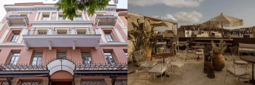 The ornate 19th-century neoclassical facade of Emporikon Athens Hotel in Agia Irini Square, merged with the industrial-chic rooftop bar of Mona Athens featuring direct views of the Acropolis, two of the best hotels in Athens.