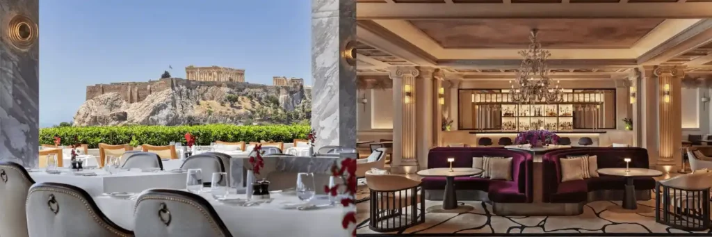 A combined view of the GB Roof Garden Restaurant at Hotel Grande Bretagne overlooking the illuminated Acropolis, paired with the sophisticated interiors of the King George bar, two of the best hotels in Athens.
