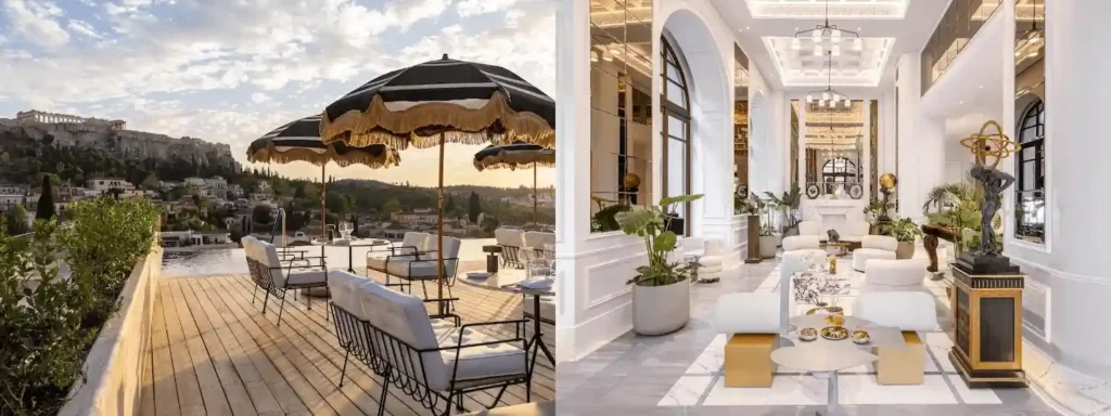 A merged view of the infinity pool and rooftop restaurant at The Dolli overlooking the Acropolis, alongside the pristine white neoclassical salon, one of the best hotels in Athens.