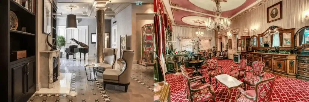 A merged interior view of the 1863 Neo-Renaissance suite at The Bank Hotel and the authentic 1892 Victorian room at Grand Hotel de Londres, representing the best hotels in Beyoğlu Istanbul.