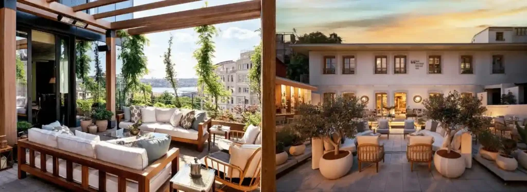 A merged image of the rooftop pool terrace at Soho House Istanbul, providing panoramic views of the Golden Horn from the 1873 Palazzo Corpi estate, and the tranquil inner courtyard terrace of Ecole St. Pierre Hotel, which features original 14th-century Genoese walls, highlighting the best hotels in Beyoğlu Istanbul.