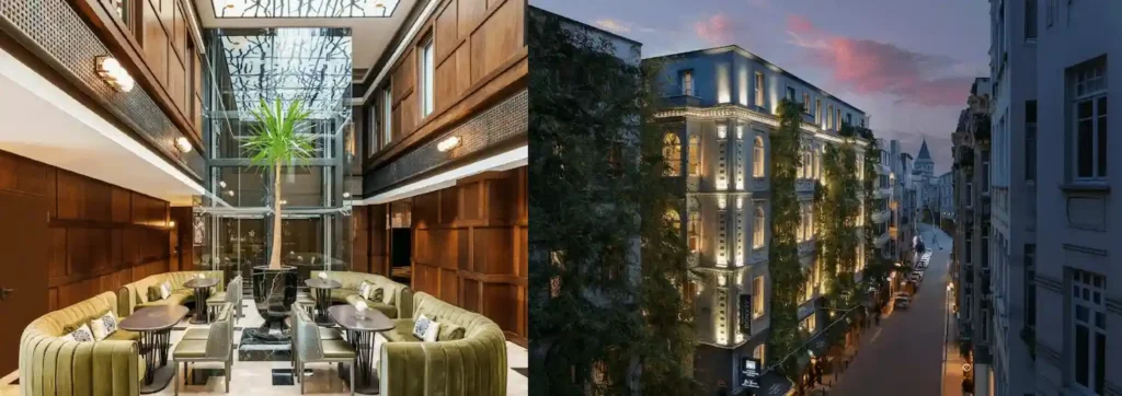 A merged image showcasing the 1836 neoclassical lobby of The Galata Hotel MGallery with its original arched brick vaults, and the massive 1874 stone facade of Adahan DeCamondo Pera, representing the best hotels in Beyoğlu Istanbul.