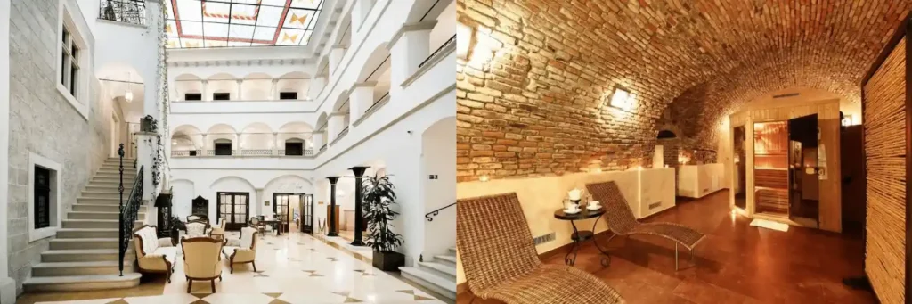 Best hotels in Bratislava: A merged visual showing the Renaissance arcade courtyard of Arcadia Boutique Hotel and the historic underground brick walls of the sauna at SKARITZ Hotel & Residence.