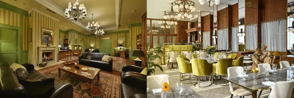Best hotels in Bratislava: A merged visual of a 1920s-style Luxury Suite at Marrol's Boutique Hotel and the mid-century modern French Restaurant at Hotel Devín.
