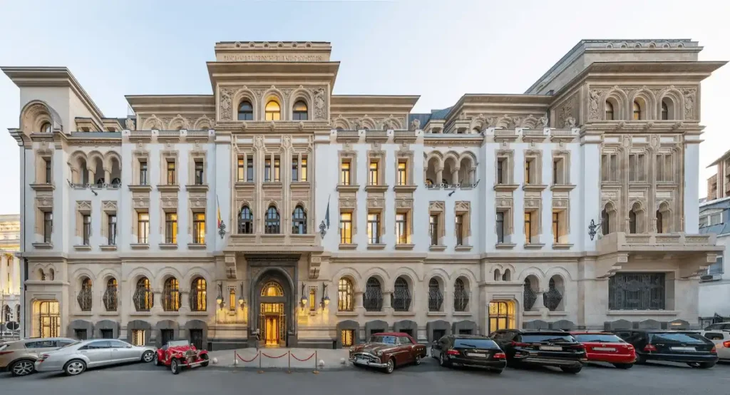 The 1912 Neo-Romanian stone facade of The Marmorosch Bucharest, Autograph Collection, one of the best hotels in Bucharest.