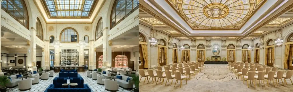 A split-view showcasing the best hotels in Bucharest: the authentic 1912 bank vault bar at The Marmorosch Bucharest, Autograph Collection, and the historic Le Diplomate ballroom with its 1914 stained-glass ceiling at InterContinental Athénée Palace Bucharest.