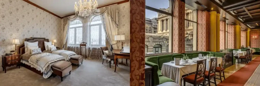 A split-view showcasing the best hotels in Bucharest: the aristocratic 1906 residential volume of a Suter Palace Heritage Boutique Hotel bedroom and the historic interwar-style dining room at Capitol Hotel.